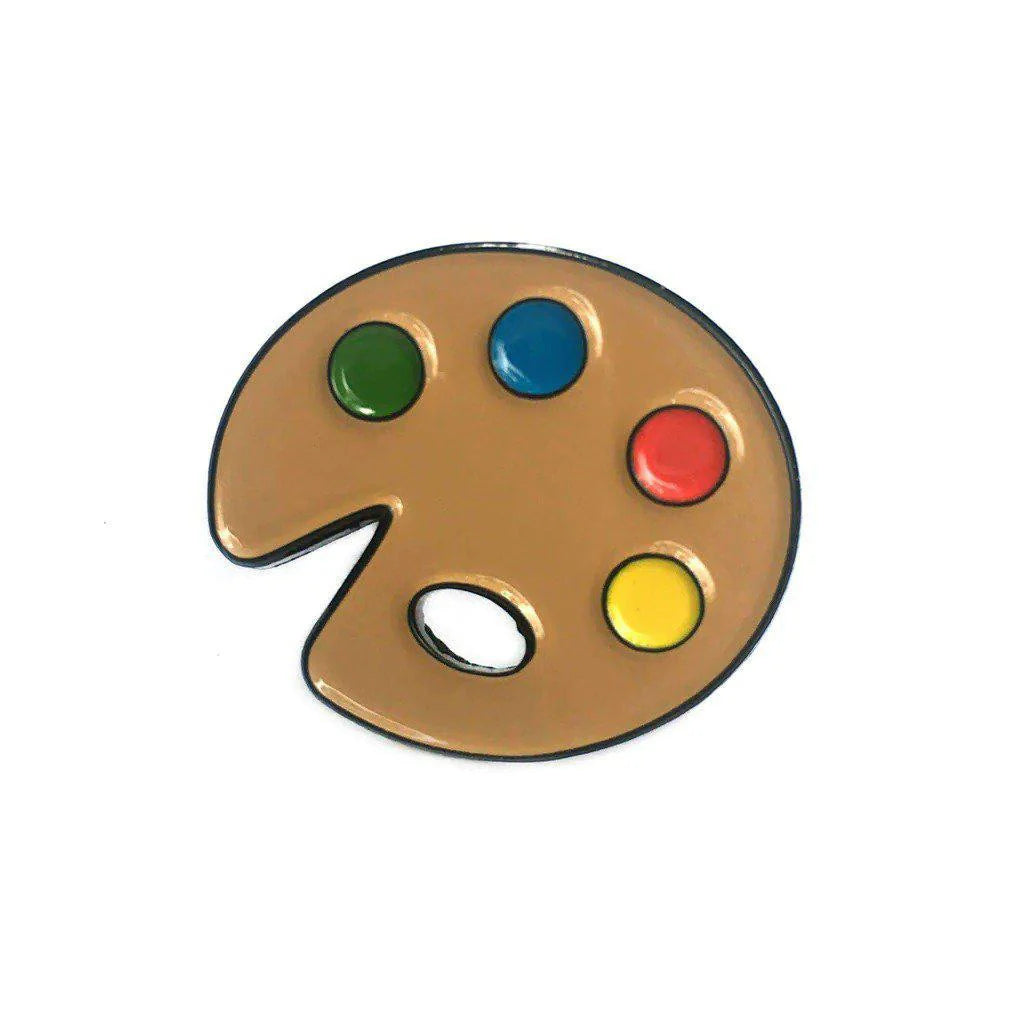 Artist Palette Emoji Enamel Pin, brown palette with green, blue, red, and yellow paint blobs.