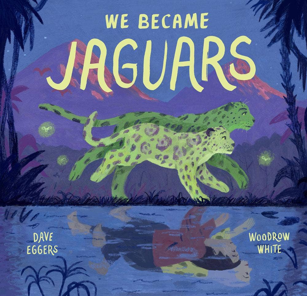 Two jaguars walk at night, reflected in water, from the picture book We Became Jaguars.