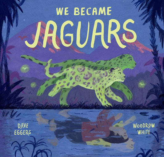 Two jaguars walk at night, reflected in water, from the picture book We Became Jaguars.