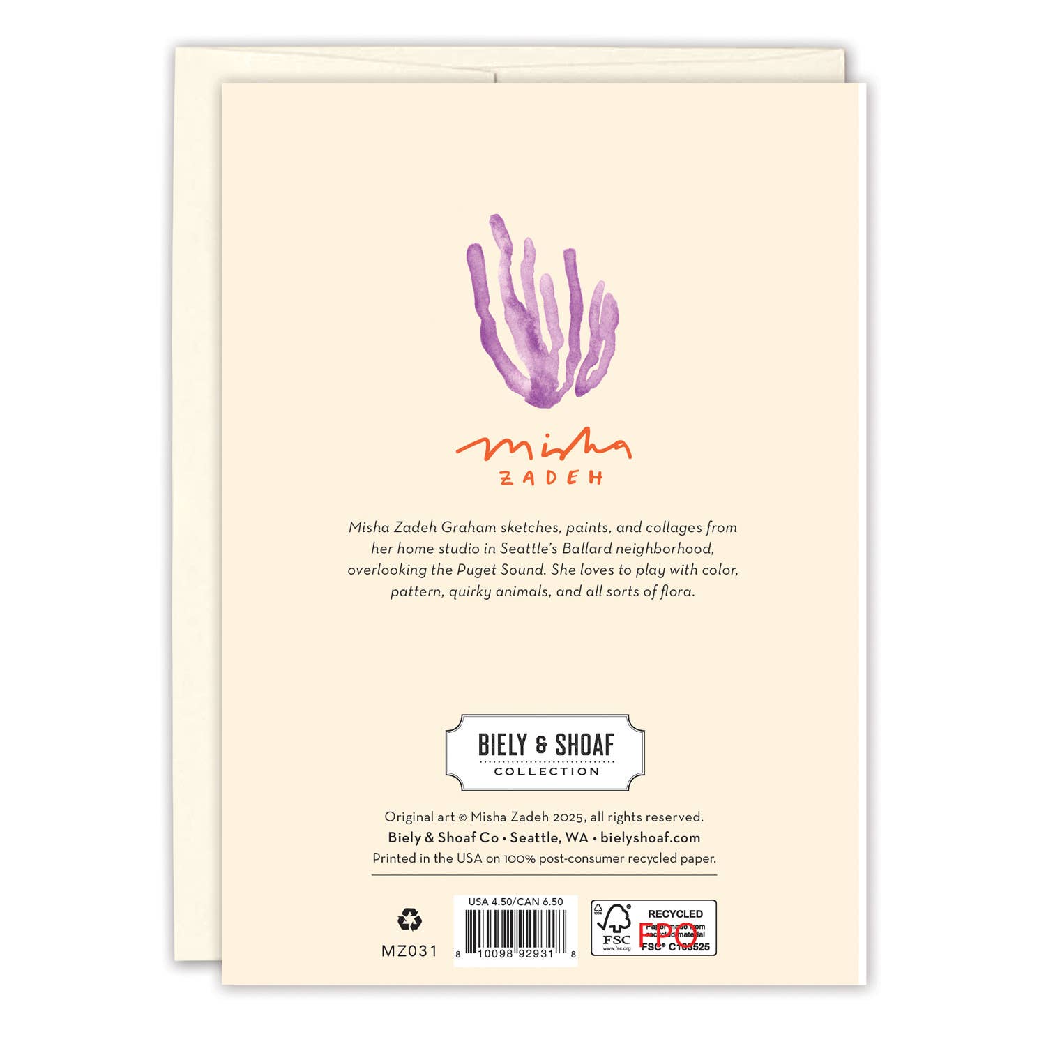 Back of Fungi Happy Birthday Card with Misha Zadeh’s bio, purple handprint, and Bieley & Shoaf Collection logo.