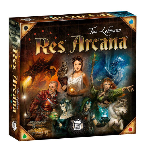 Res Arcana board game box showing magical symbols, a dragon, and mages.