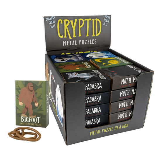 Cryptid Puzzlebox metal brainteaser featuring mythic creatures including Bigfoot, Mothman, and Chupacabra.
