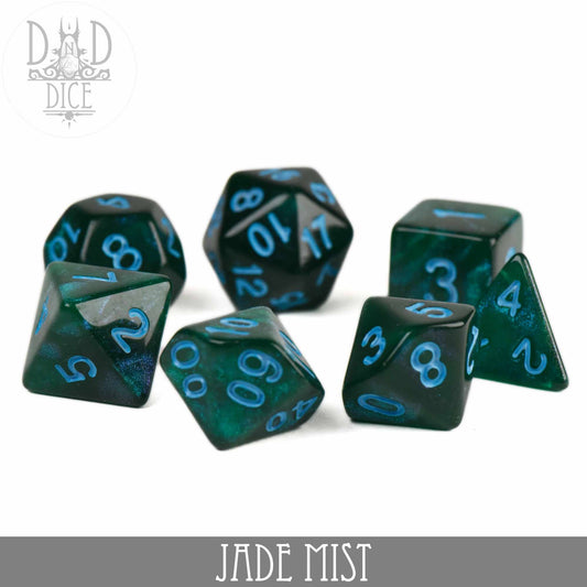 Jade Mist Glitter 7-piece acrylic dice set with blue numbers on a white background.