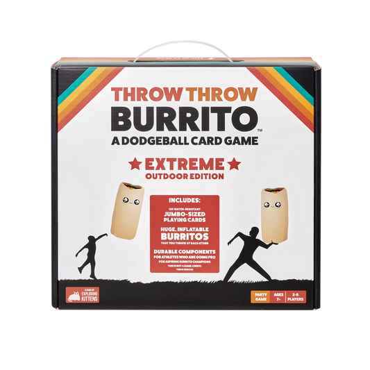 Throw Throw Burrito Extreme Outdoor Edition game with large cards and inflatable burritos.
