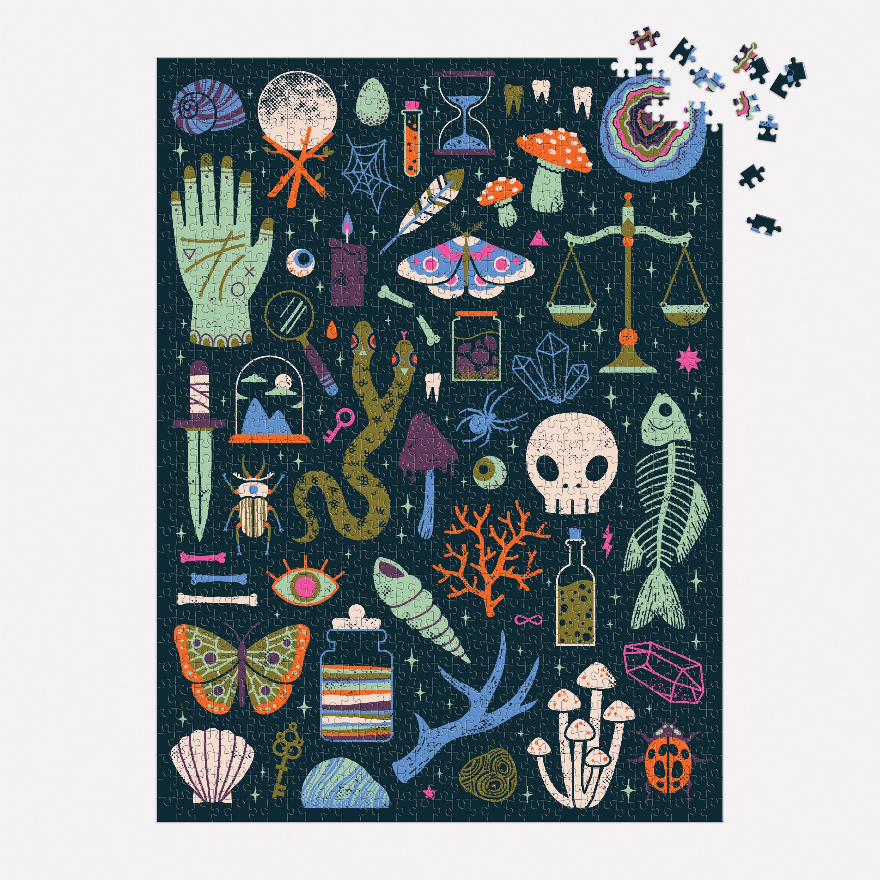 Occult and Curious 1000 Piece Glow Puzzle featuring mystical objects, animals, plants; four pieces are missing.