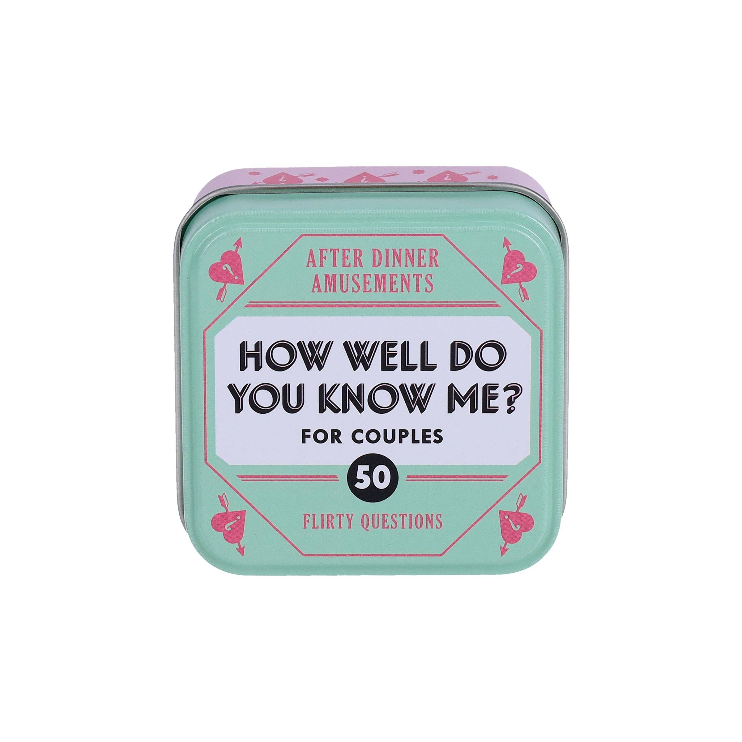 Mint green tin labeled After Dinner Amusements—How Well Do You Know Me? For Couples with 50 question cards.