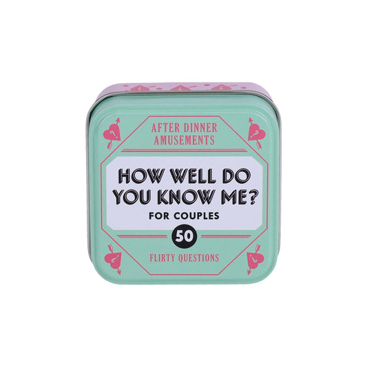 Mint green tin labeled After Dinner Amusements—How Well Do You Know Me? For Couples with 50 question cards.