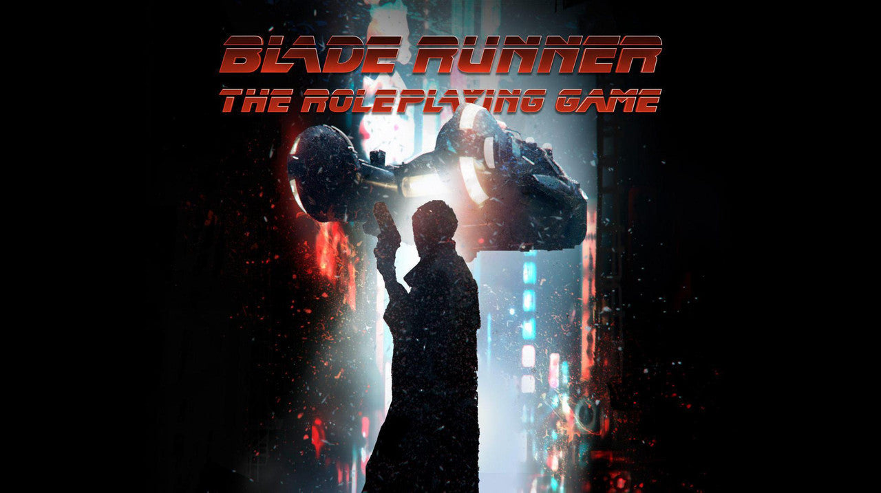 Blade Runner Role Playing Game cover with person silhouette, flying car, and bold red game title.