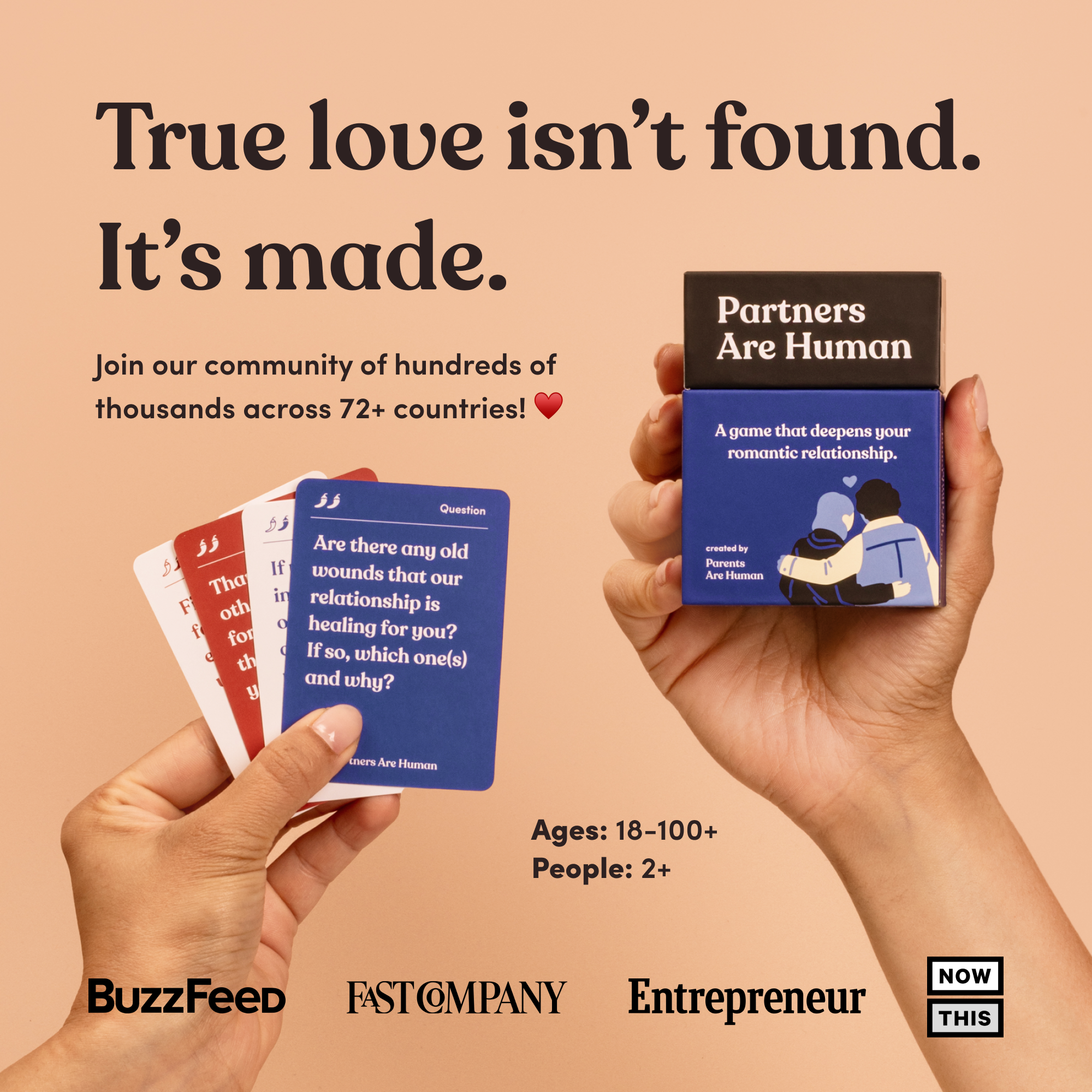 Partners Are Human (Couples Edition) activity cards held in hands, with promo text on a beige background.