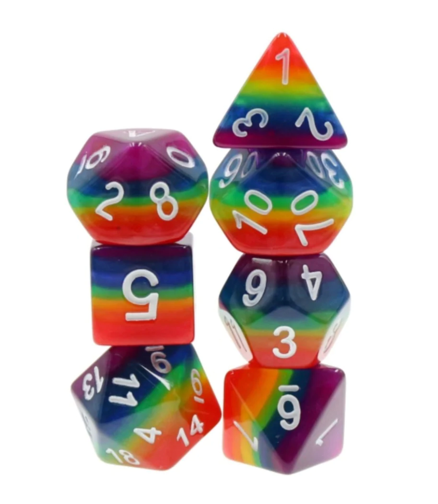 Rainbow Dice RPG Set: rainbow-striped polyhedral dice with white numbers, arranged in two columns.