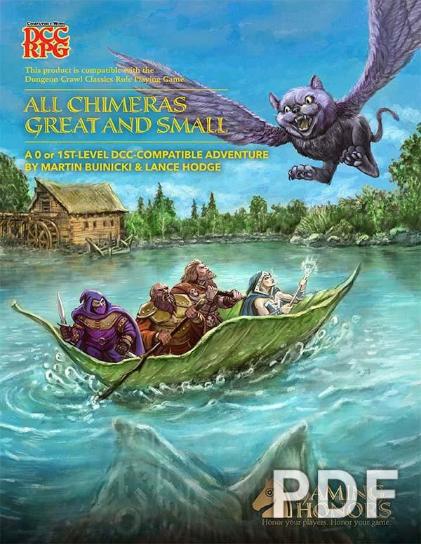All Chimeras Great and Small, 1st-level DCC adventure, featuring four heroes confronting a winged purple cat over a river.
