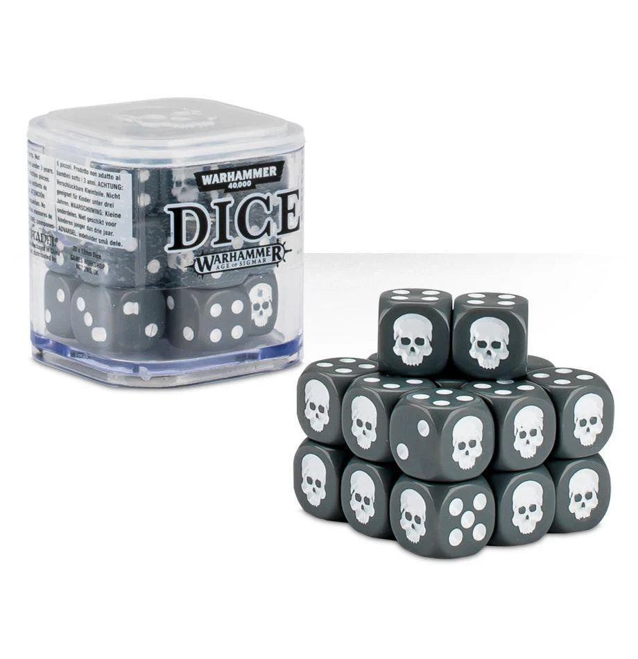 Warhammer 12mm Dice Set - GREY with white dots next to a clear container labeled Warhammer 40,000 Dice.