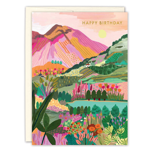 Rainbow Mountain Birthday Card by Rhi James featuring mountains, fields, flowers, and gold Happy Birthday text.