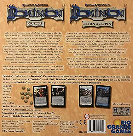 Dominion Cornucopia & Guilds Expansion box back showing Kingdom cards, components, and Rio Grande Games logo.