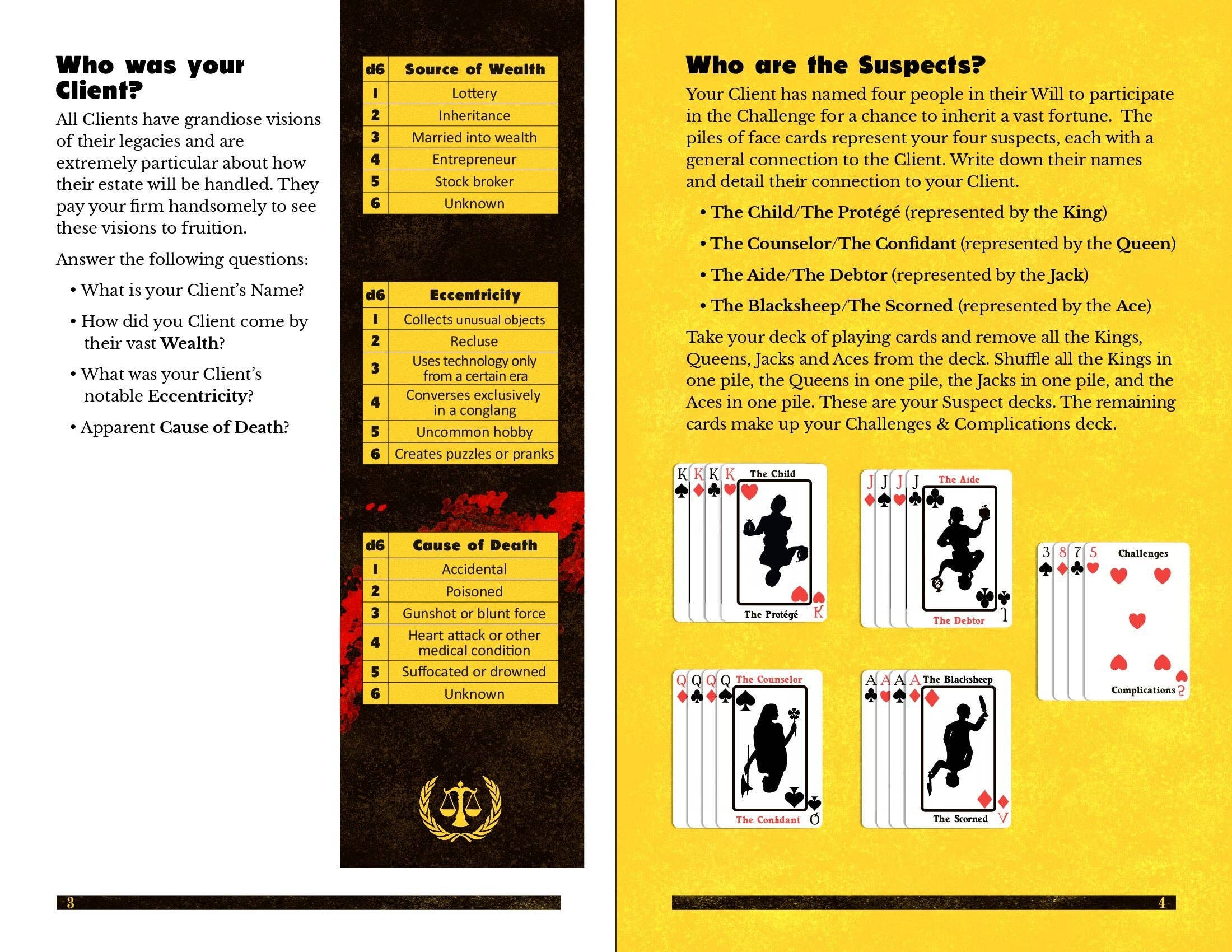 Estate of Play mystery journaling game includes an open book, yellow pages, dice charts, and illustrated cards.