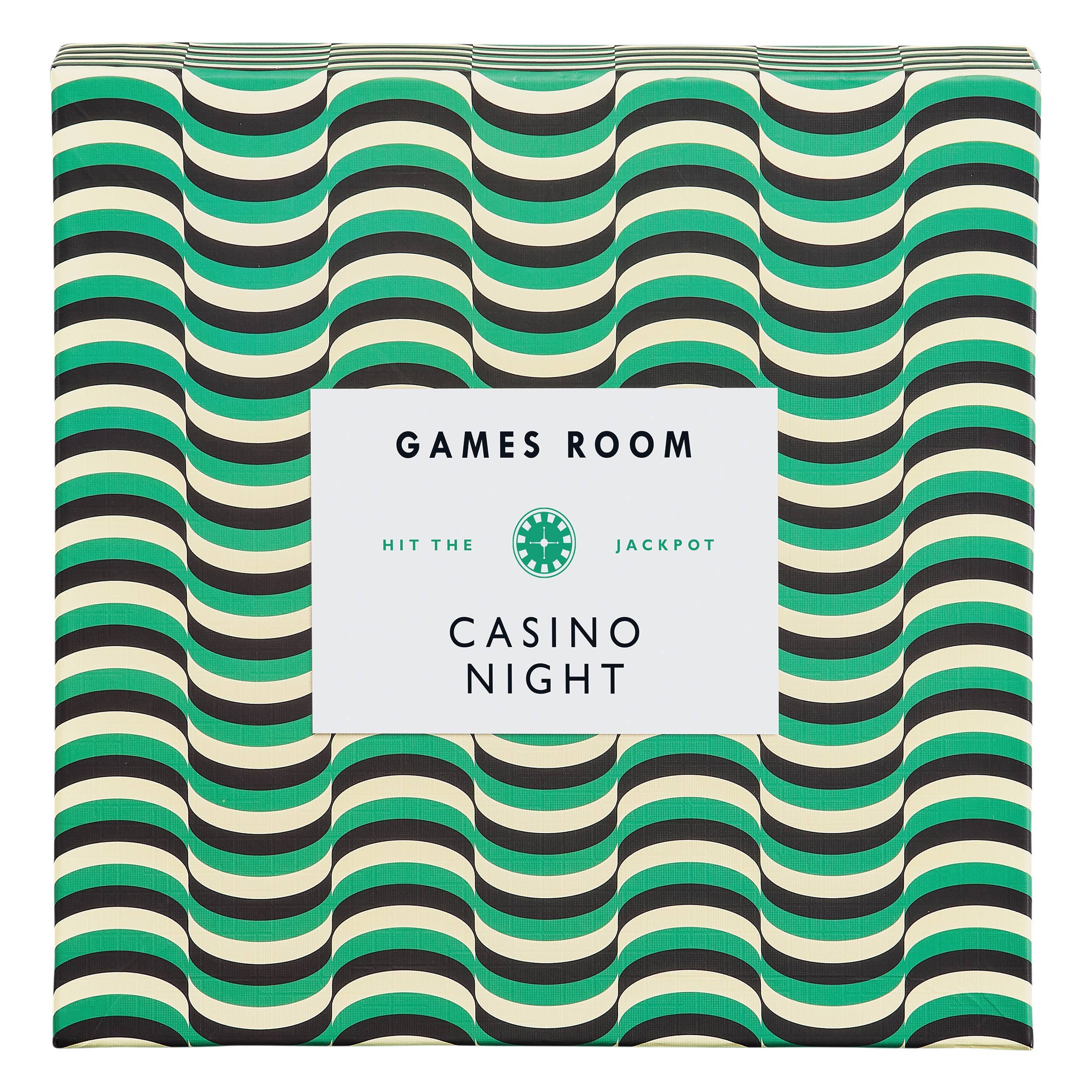 Casino Night game box with green, black, and white wave design.