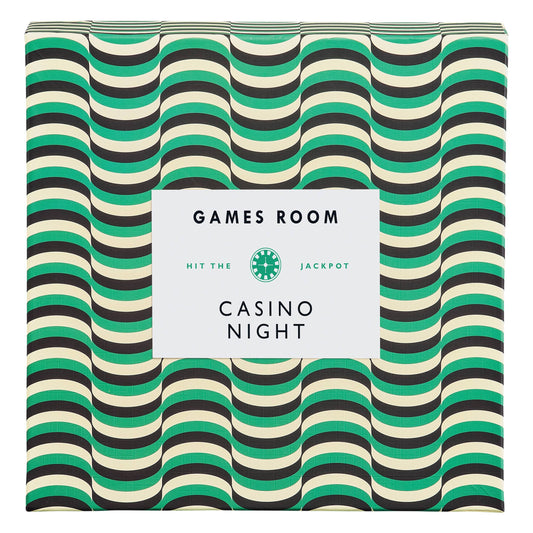 Casino Night game box with green, black, and white wave design.