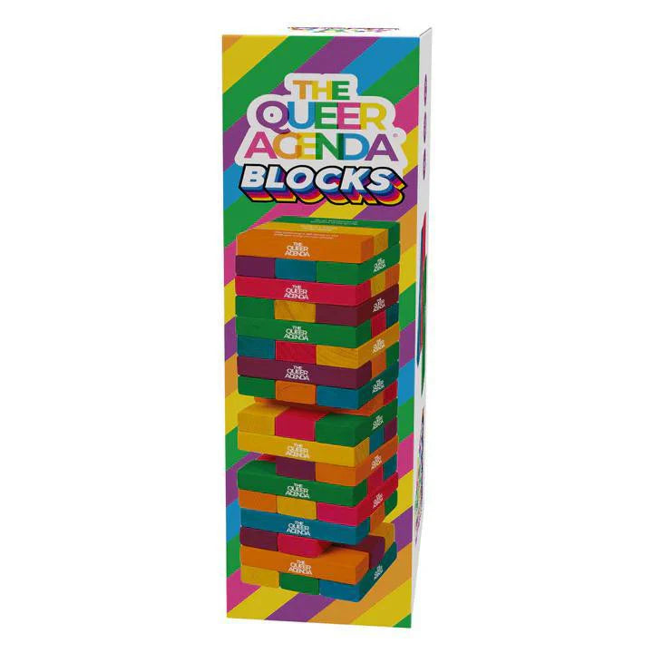The Queer Agenda Block set with rainbow-colored stacking blocks in a labeled box.