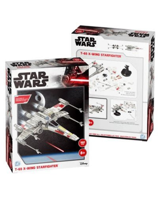 Star Wars X-Wing T-65 Starfighter 4D Model box showing front and back with product images and assembly instructions.