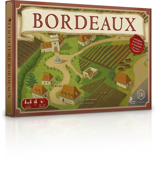 Viticulture: Bordeaux Expansion box featuring the 4-season game board, with vineyard and village on the cover.