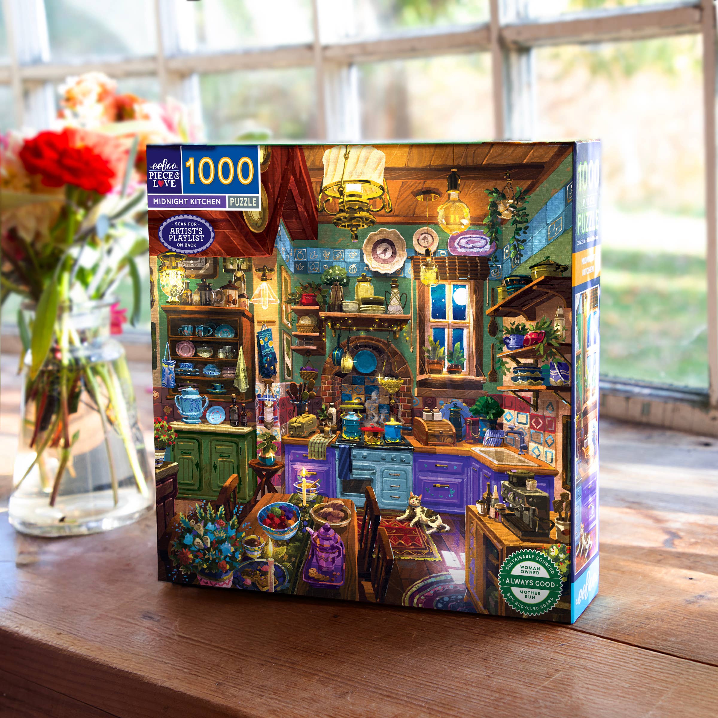 The Midnight Kitchen 1000 Piece Puzzle with kitchen scene by a flowered window, art by Alfred Fernandes.