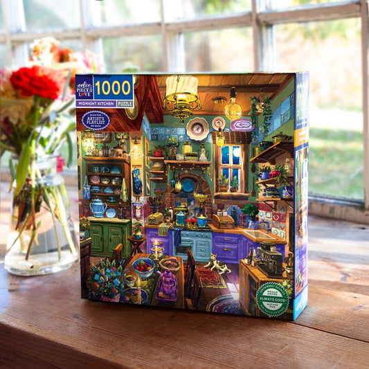 The Midnight Kitchen 1000 Piece Puzzle with kitchen scene by a flowered window, art by Alfred Fernandes.