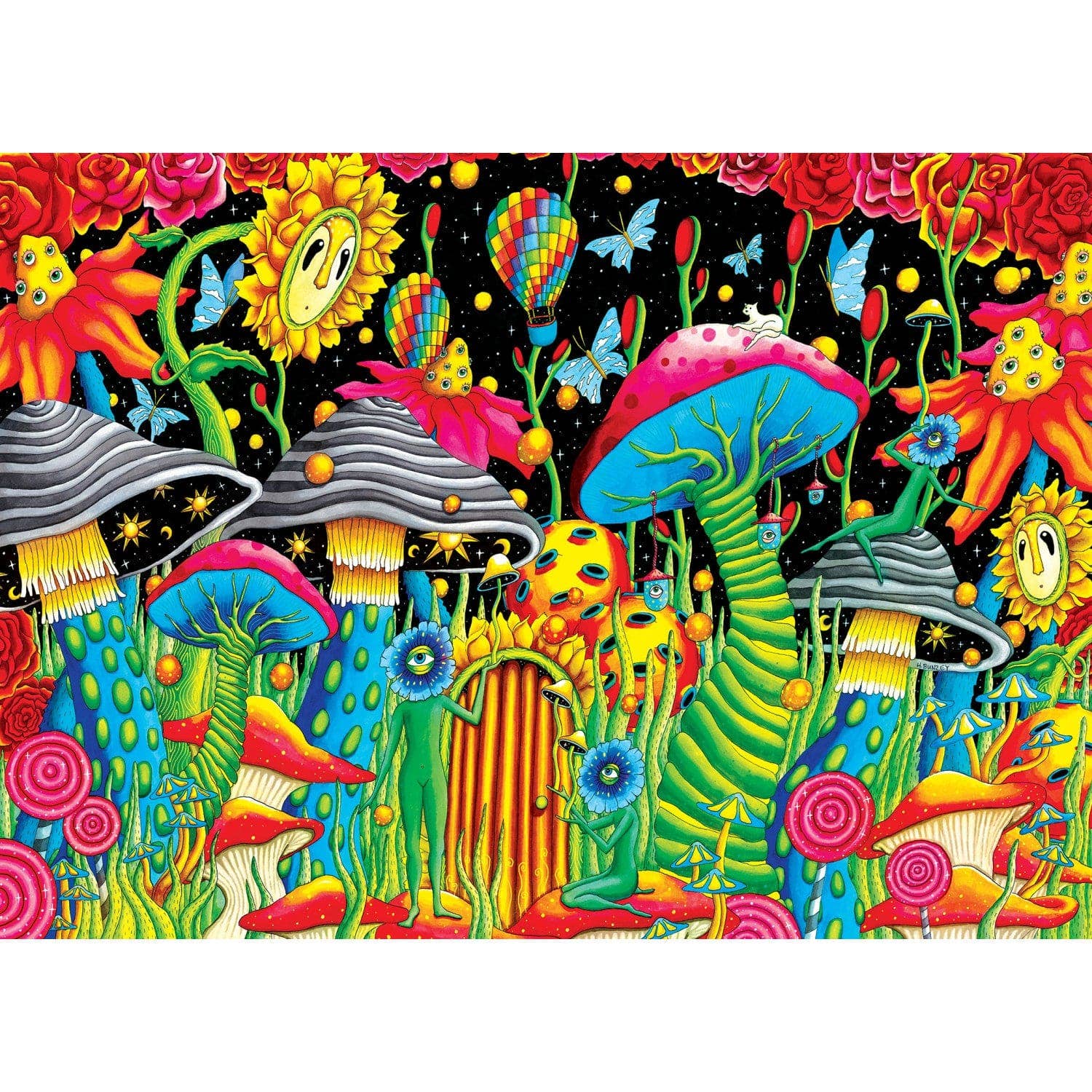 Experience the Wonderous Worlds Garden of Cosmic Delight 1000 Piece Puzzle with mushrooms, flowers, and starry skies.