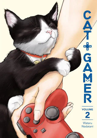 Cat + Gamer Volume 2 product featuring a black and white cat hugging an arm holding a red game controller.