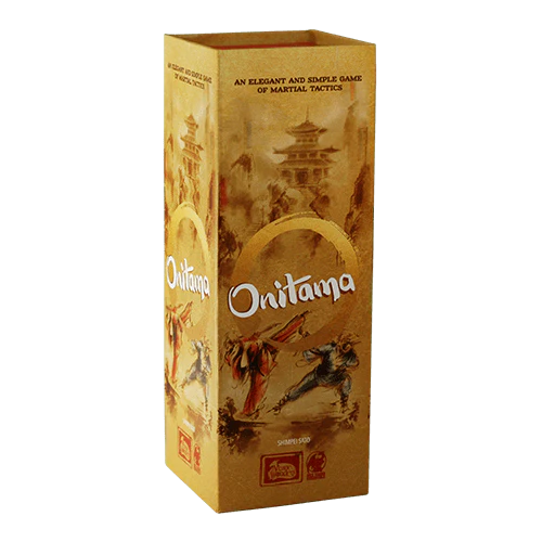 Onitama board game tall rectangular box with martial arts and temple-themed artwork.