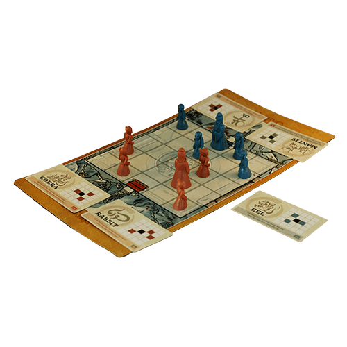 Onitama board game with blue and red pieces on a grid and cards in the corners.