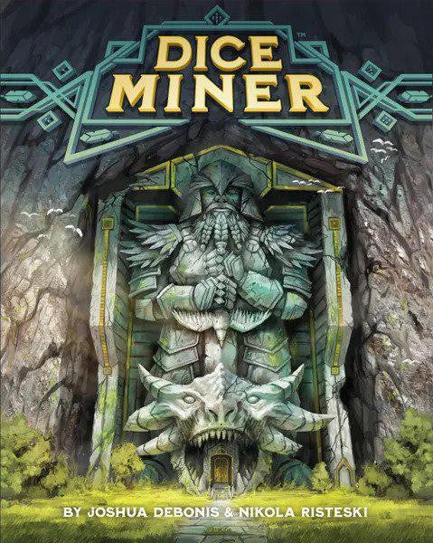 Dice Miner board game featuring a dwarven statue carved in a mountain at the games entrance.
