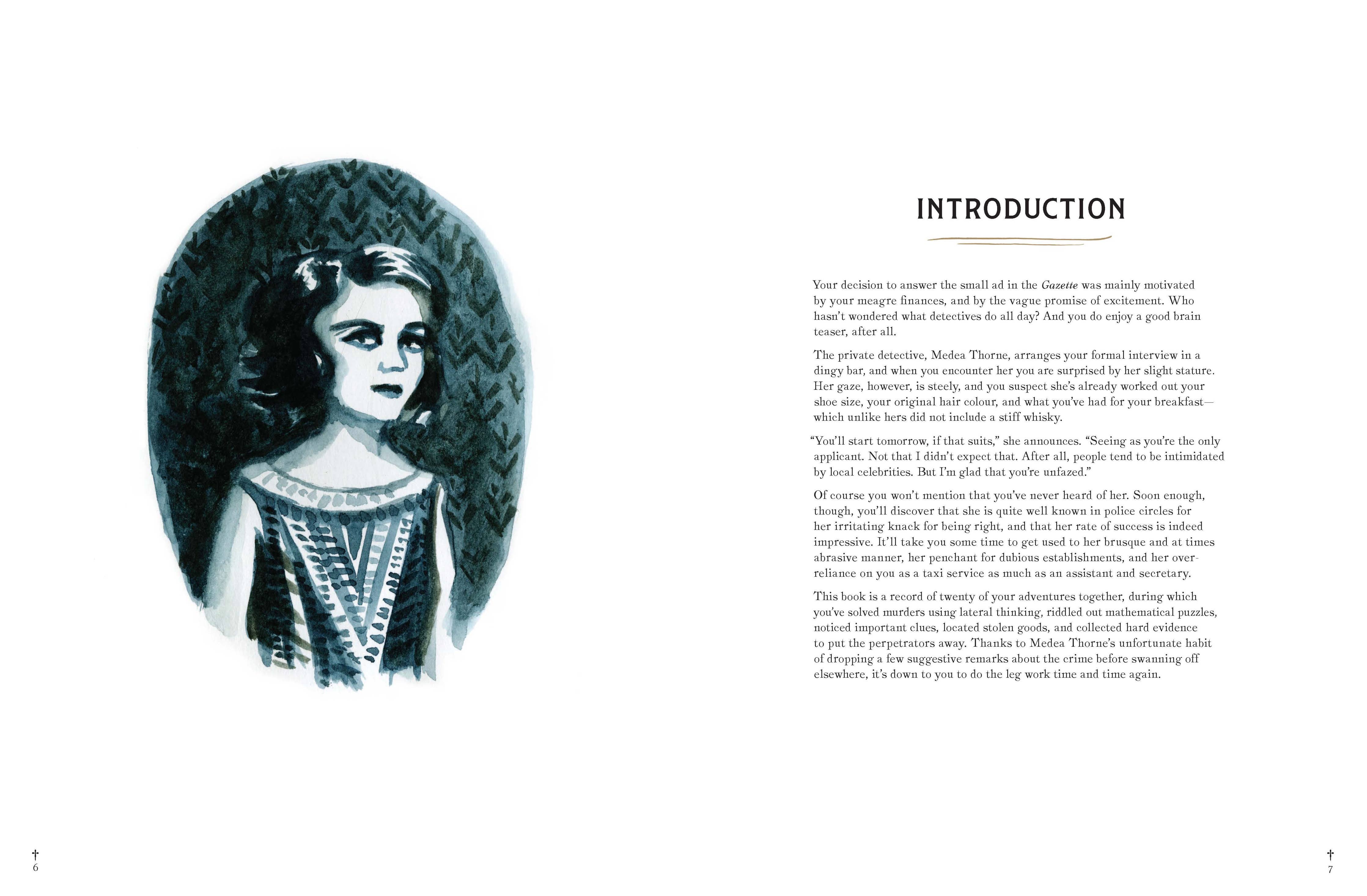 Murder Most Puzzling detective book with introductory page and brain exercise shown.