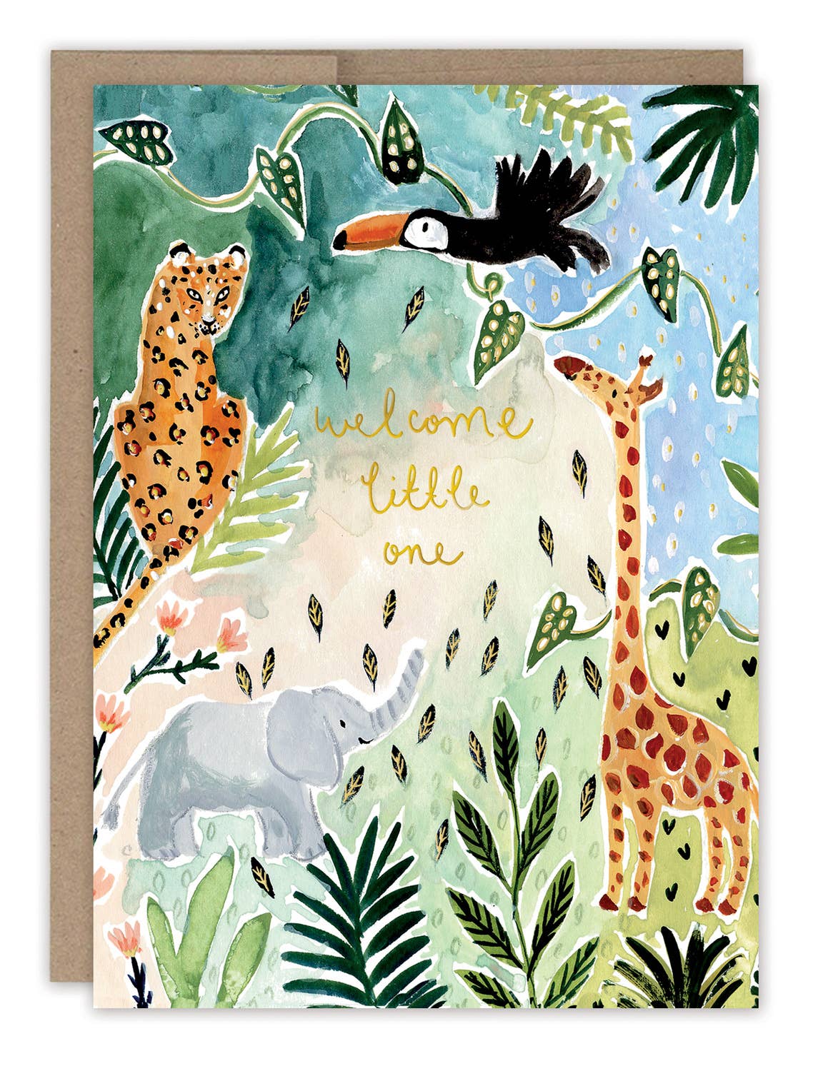 Welcome Little One Animals Baby Card with illustrated jungle animals, leaves, plants, and gold foil welcome little one text.