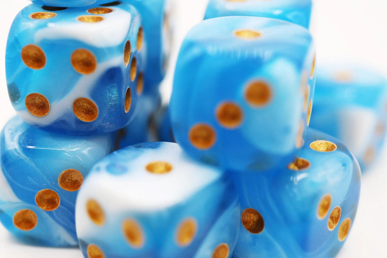Cirrus Glitter 12-piece blue and white marbled D6 dice set with gold pips.
