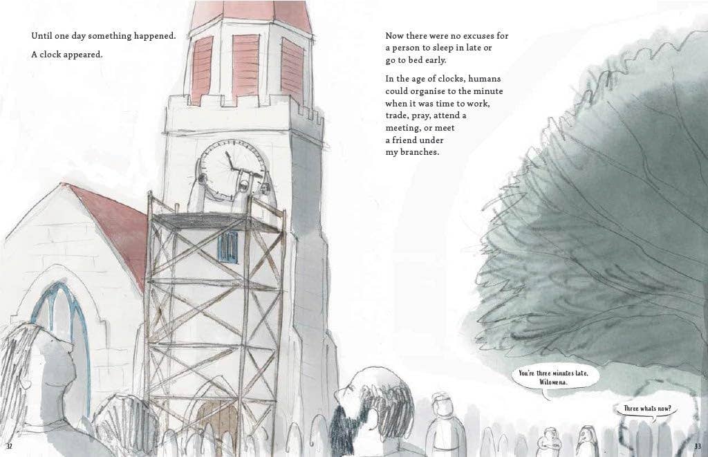 People in gray gathered near a clock tower with an ancient yew tree nearby.
