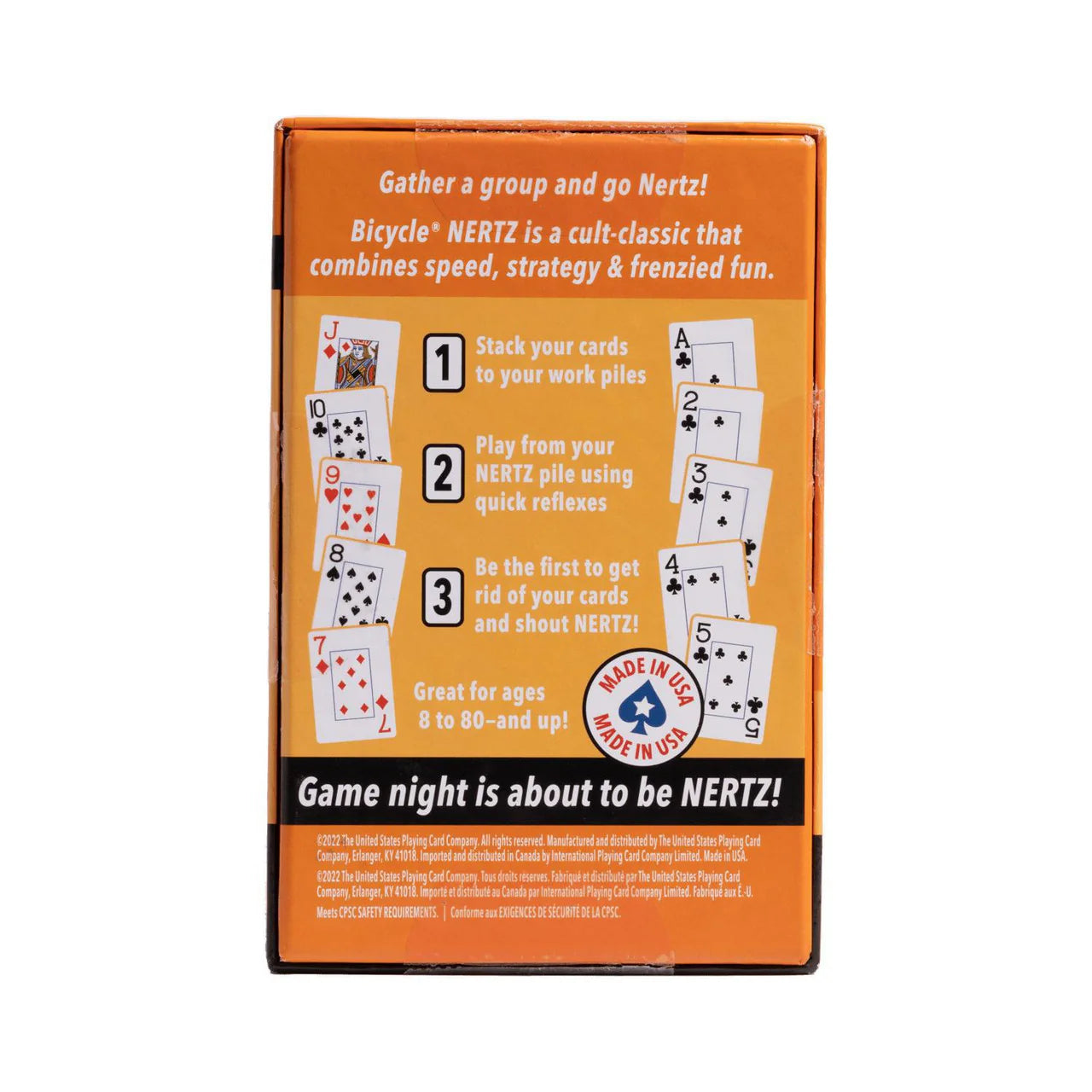 Back of Nertz box displaying multiplayer instructions, card images, and a Made in the USA badge.