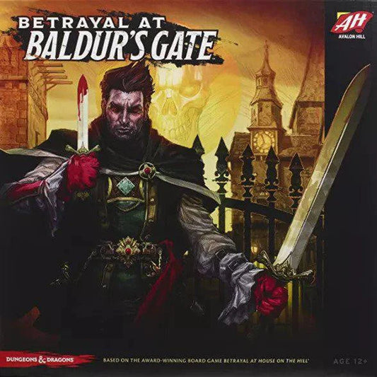 Betrayal at Baldurs Gate game box featuring a dark-haired man with a sword and bloody dagger.