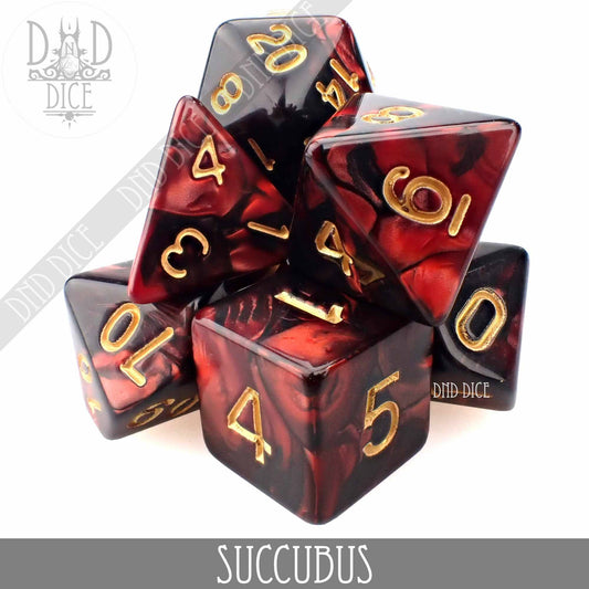 Red and black marbled DND dice set with gold numbers, named Succubus 7 or 11.