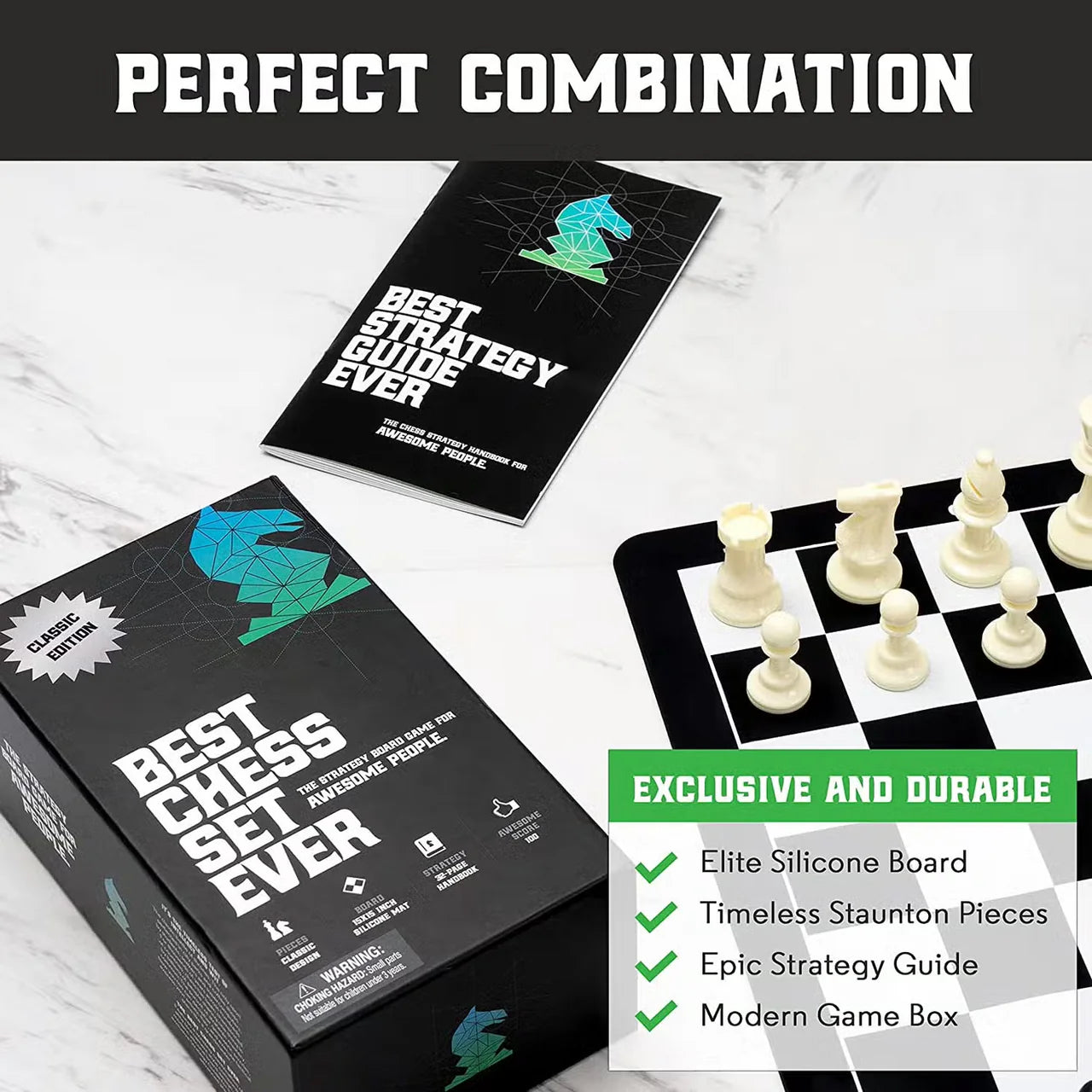 Travel Best Chess Set Ever with weighted pieces, silicone board, and included strategy guide.