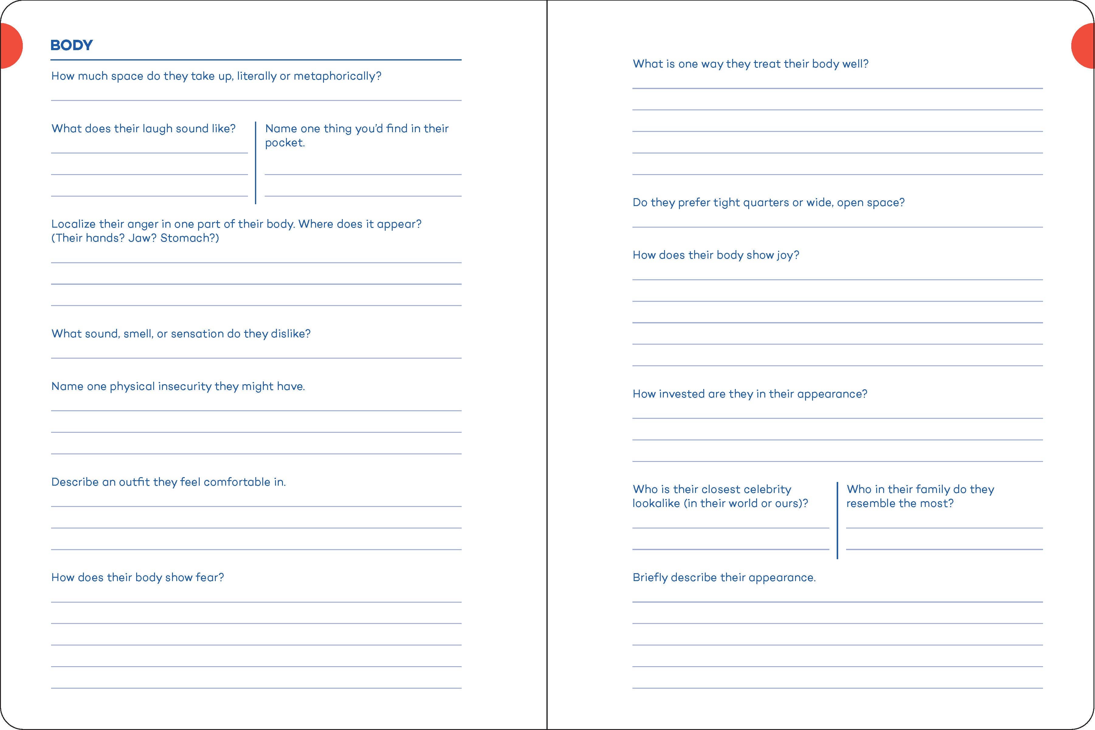 A Writer’s Journal for Creating Characters with blue body image prompts and lined pages for character notes.