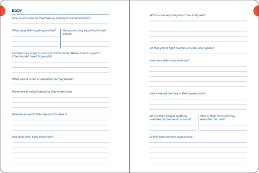 A Writer’s Journal for Creating Characters with blue body image prompts and lined pages for character notes.