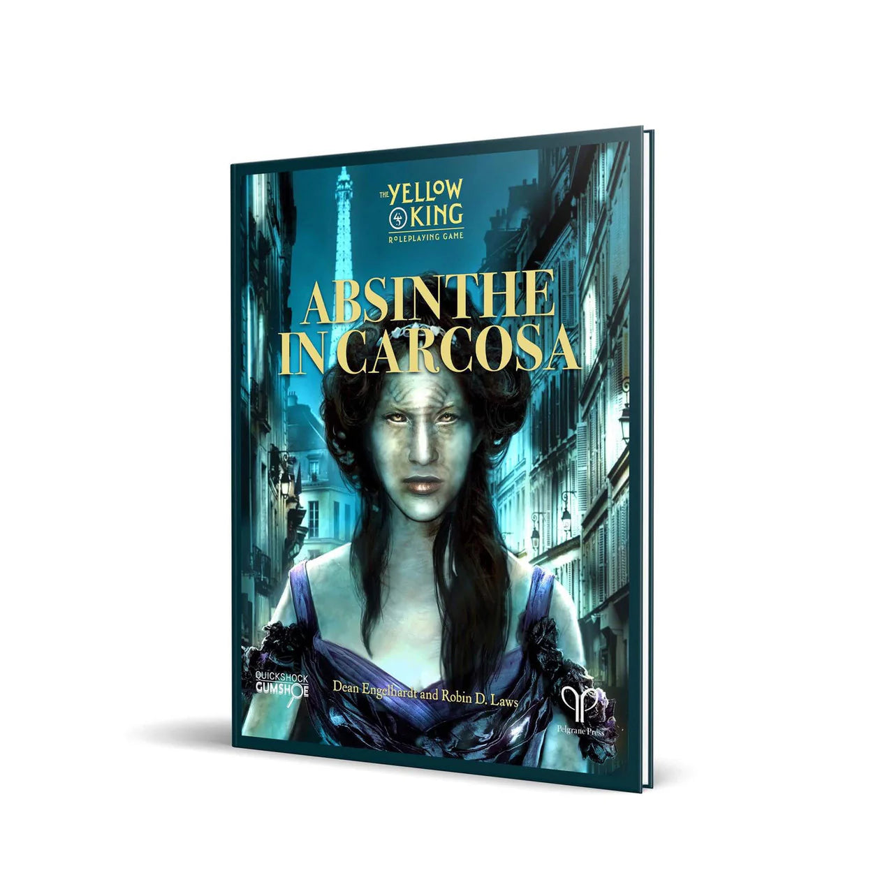 Absinthe In Carcosa book cover with a woman on a Paris street and the Eiffel Tower in the background.