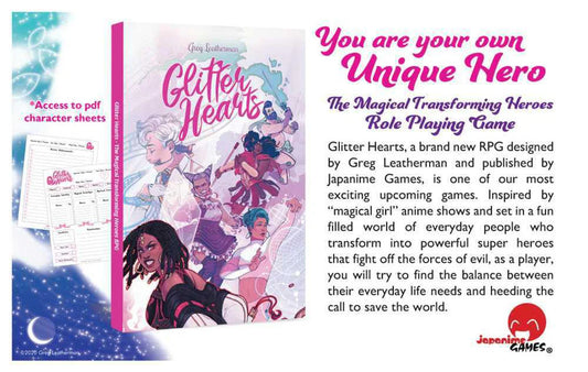 Glitter Hearts RPG box with illustrated heroes on the cover.