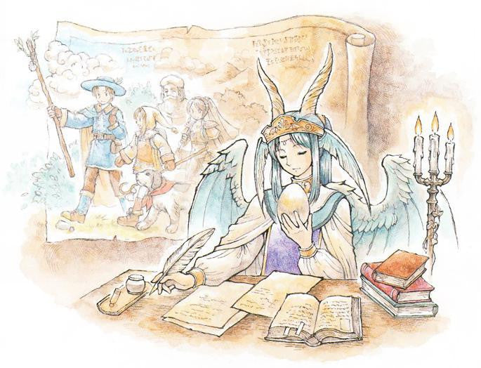 Ryuutama: Natural Fantasy RPG cover featuring a winged woman writing at a desk with an egg, books, and candle.