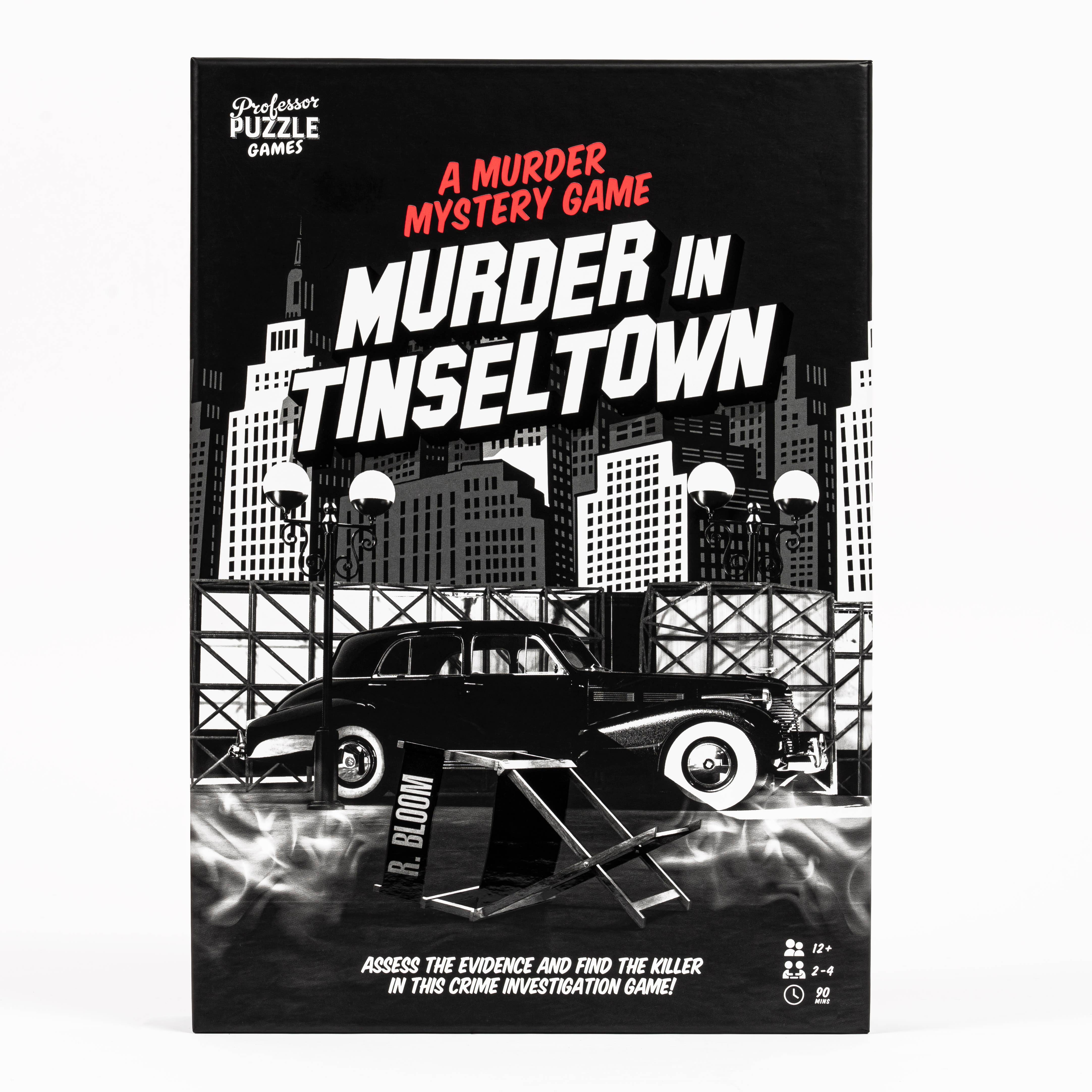 Murder in Tinseltown board game box featuring a vintage car and black-and-white cityscape.