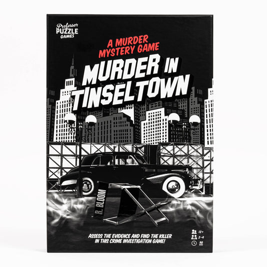 Murder in Tinseltown board game box featuring a vintage car and black-and-white cityscape.
