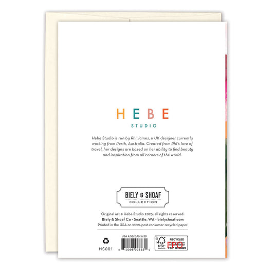 Back of Rainbow Mountain Birthday Card featuring HEBE STUDIO text and Rhi James illustration with company branding.