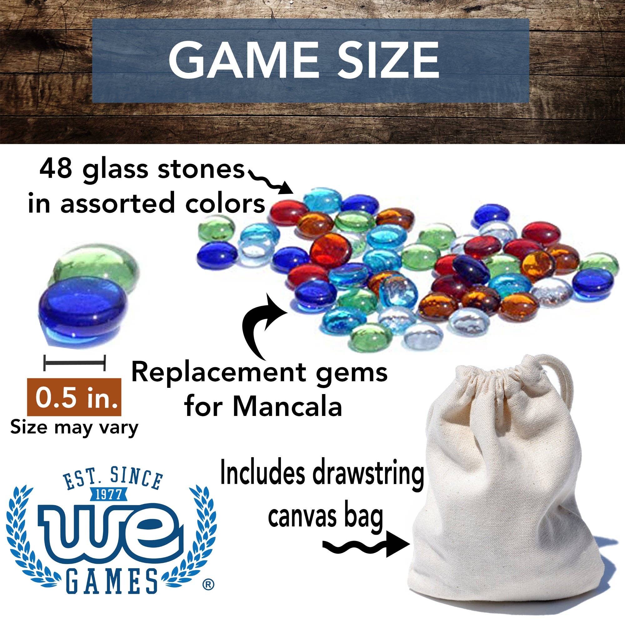 Assorted glass Mancala stones, 0.5 wide, with drawstring bag for replacement game pieces.