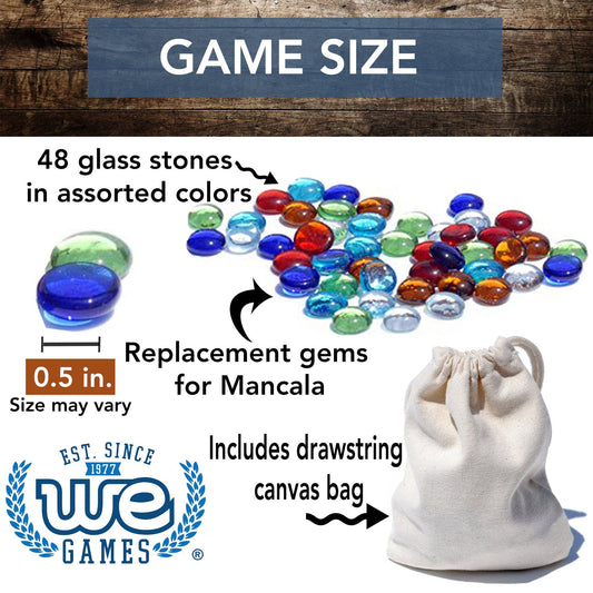 Assorted glass Mancala stones, 0.5 wide, with drawstring bag for replacement game pieces.