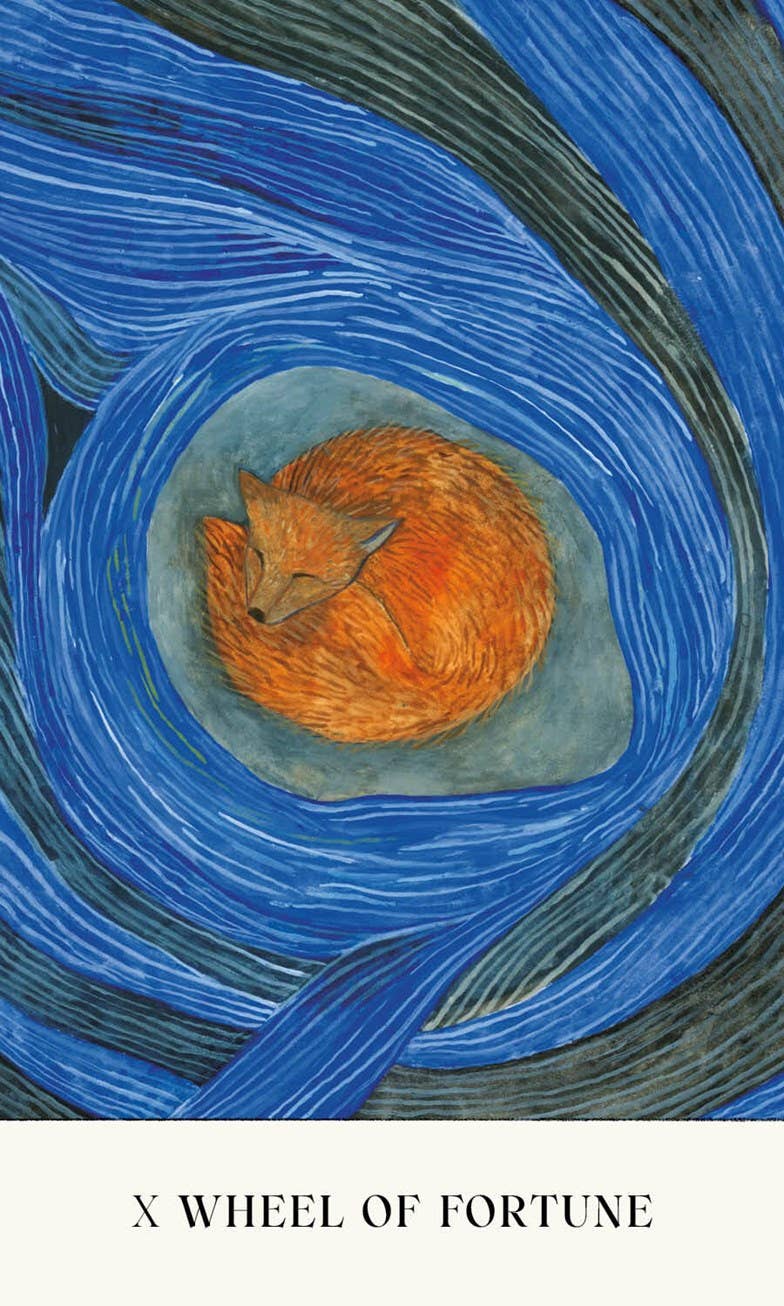 Soul Tarot X Wheel of Fortune card with curled orange fox and blue swirl design.